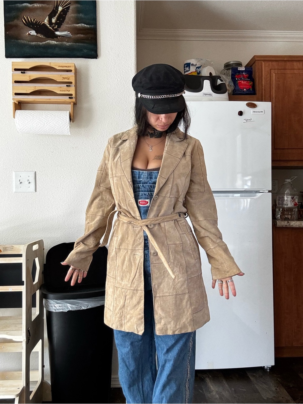 Wilsons Leather Tan Suede Patchwork Belted Trench Coat